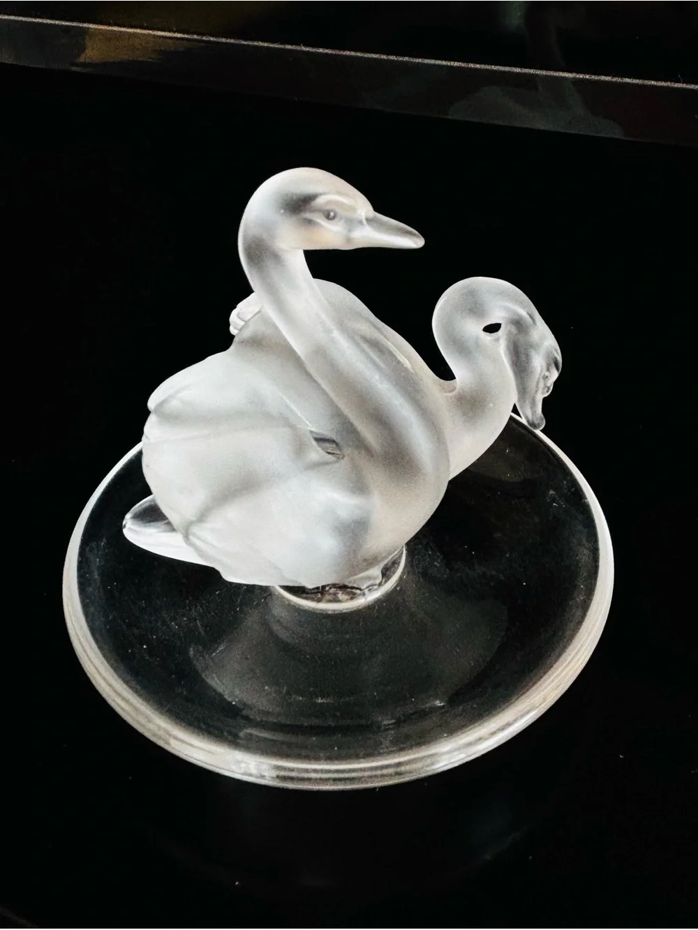 Signed Lalique Frosted Crystal Swan Pair Accent
